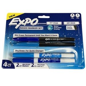 Expo Mixed‎ Marker Set 4ct 2 Wet Erase 2 Dry Erase Fine Tip Blue 2220182 NWT